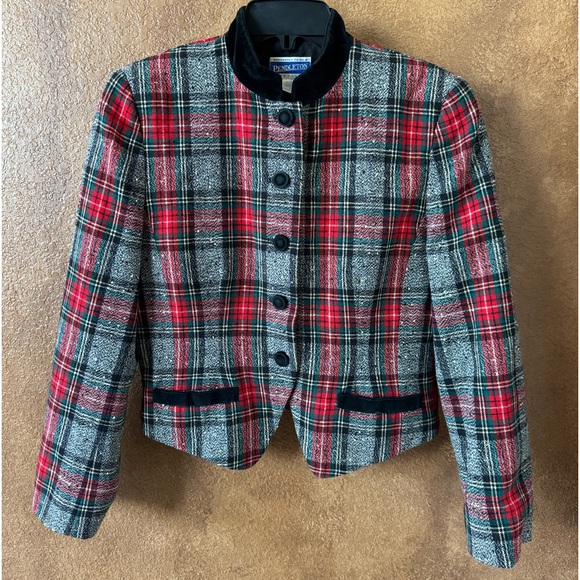 Vintage Jackets & Blazers - Vintage Pendleton Tartan Plaid & Velvet Wool Blazer Suit Jacket Size 8